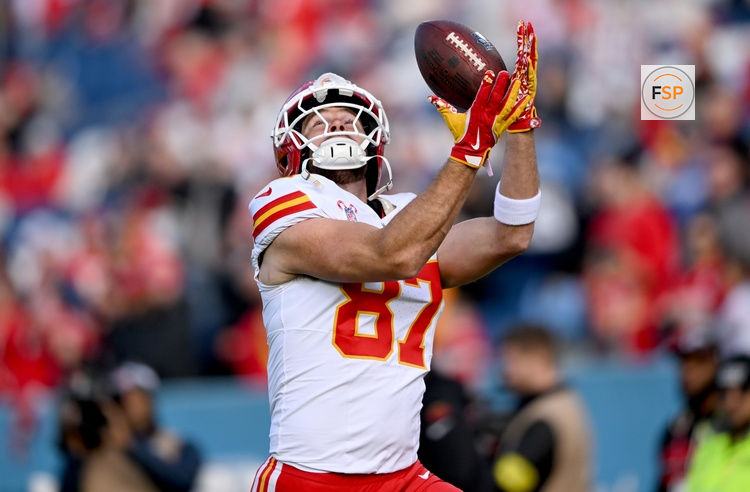 Dec 21, 2025; Nashville, Tennessee, USA; Kansas City Chiefs tight end Travis Kelce (87) warms up before a game against the Tennessee Titans at Nissan Stadium. Credit: Steve Roberts-Imagn Images