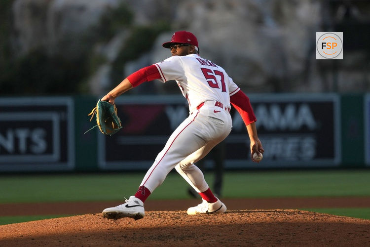 Jun 26, 2026; Anaheim, California, USA; Los Angeles Angels pitcher Walbert Urena (57) throws against the Athletics at Angel Stadium. Credit: Kirby Lee-Imagn Images