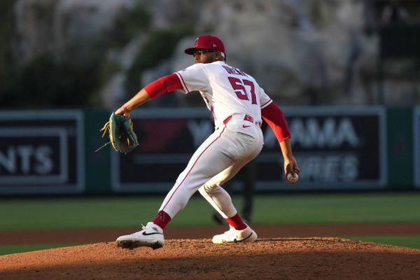 Jun 26, 2026; Anaheim, California, USA; Los Angeles Angels pitcher Walbert Urena (57) throws against the Athletics at Angel Stadium. Mandatory Credit: Kirby Lee-Imagn Images