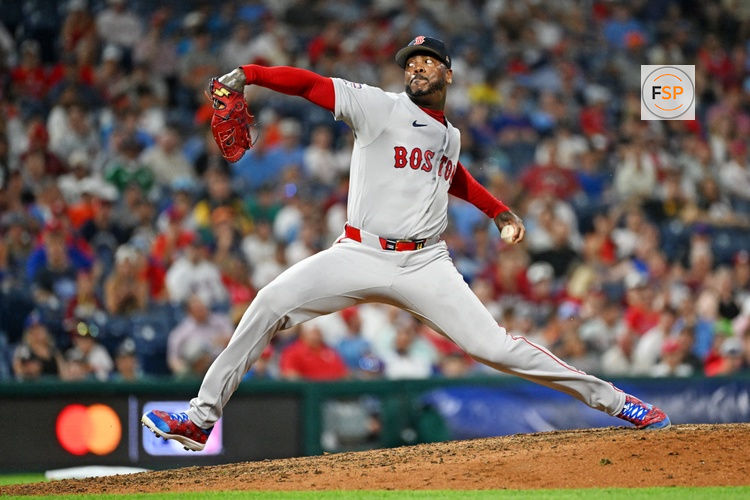 Jul 14, 2026; Philadelphia, Pennsylvania, USA; American League Boston Red Sox pitcher Aroldis Chapman (44) throws a pitch during the ninth inning against the National League during the All-Star Game at Citizens Bank Park. Credit: Eric Hartline-Imagn Images