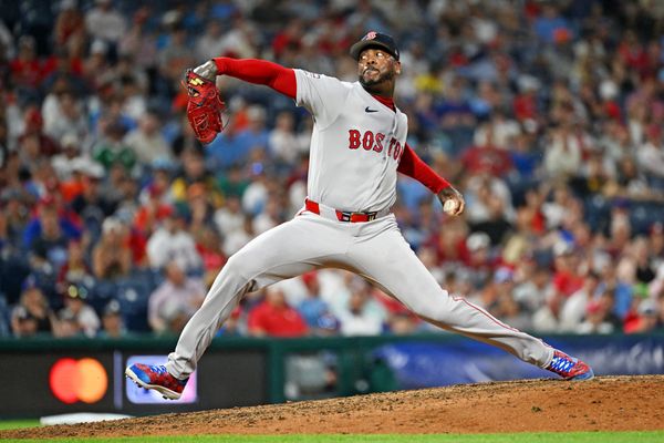 Jul 14, 2026; Philadelphia, Pennsylvania, USA; American League Boston Red Sox pitcher Aroldis Chapman (44) throws a pitch during the ninth inning against the National League during the All-Star Game at Citizens Bank Park. Mandatory Credit: Eric Hartline-Imagn Images