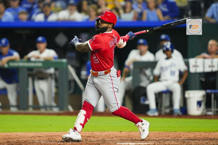 Sep 3, 2025; Kansas City, Missouri, USA; Los Angeles Angels second baseman Luis Rengifo (2) bats during the eighth inning against the Kansas City Royals at Kauffman Stadium. Credit: Jay Biggerstaff-Imagn Images