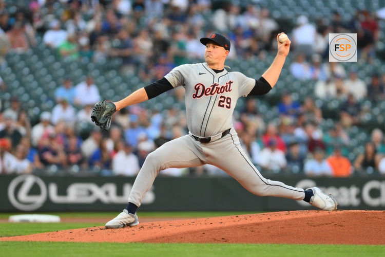 Aug 7, 2024; Seattle, Washington, USA; Detroit Tigers starting pitcher Tarik Skubal (29) pitches to the Seattle Mariners during the first inning at T-Mobile Park. Credit: Steven Bisig-USA TODAY Sports