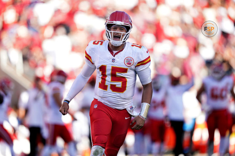 Oct 20, 2024; Santa Clara, California, USA; Kansas City Chiefs quarterback Patrick Mahomes (15) reacts after the Chiefs scored a touchdown against the San Francisco 49ers in the fourth quarter at Levi's Stadium. Credit: Cary Edmondson-Imagn Images