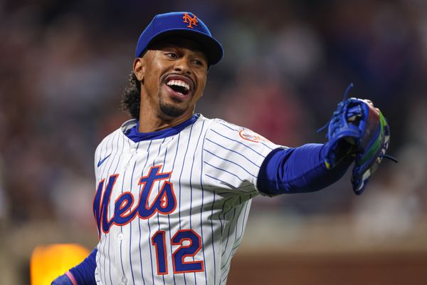 Sep 17, 2025; New York City, New York, USA; New York Mets shortstop Francisco Lindor (12) reacts during the sixth inning against the San Diego Padres at Citi Field. Mandatory Credit: Vincent Carchietta-Imagn Images