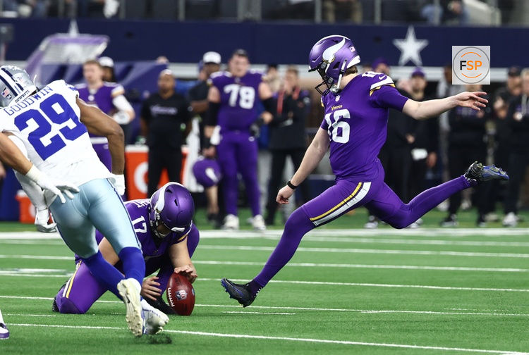 Dec 14, 2025; Arlington, Texas, USA; Minnesota Vikings place kicker Will Reichard (16) kicks a field goal during the second half against the Dallas Cowboys at AT&T Stadium. Credit: Kevin Jairaj-Imagn Images