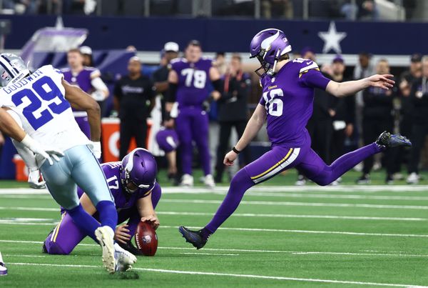 Dec 14, 2025; Arlington, Texas, USA; Minnesota Vikings place kicker Will Reichard (16) kicks a field goal during the second half against the Dallas Cowboys at AT&T Stadium. Mandatory Credit: Kevin Jairaj-Imagn Images