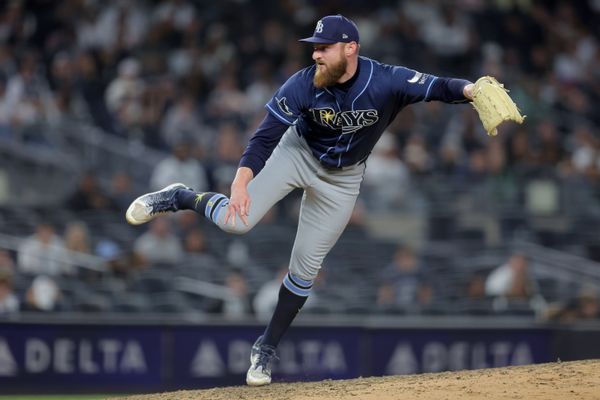 May 22, 2026; Bronx, New York, USA; Tampa Bay Rays pitcher Bryan Baker (47) follows through on a pitch against the New York Yankees during the ninth inning at Yankee Stadium. Mandatory Credit: Brad Penner-Imagn Images