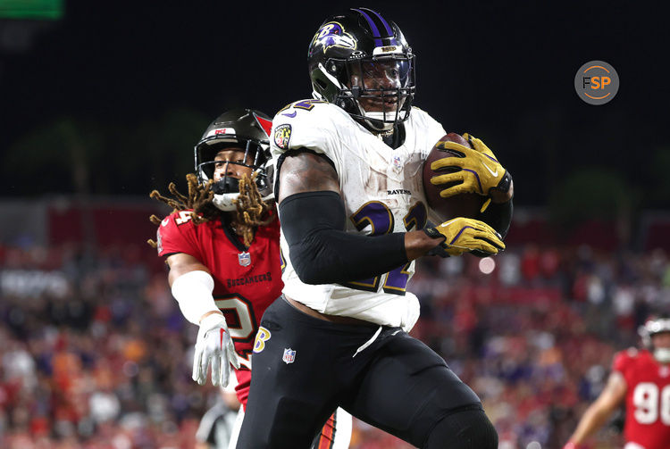 Oct 21, 2024; Tampa, Florida, USA; Baltimore Ravens running back Derrick Henry (22) runs the ball for a touchdown against the Tampa Bay Buccaneers during the second half at Raymond James Stadium. Credit: Kim Klement Neitzel-Imagn Images