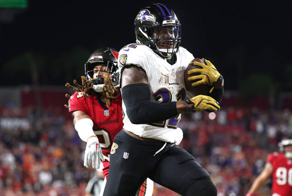 Oct 21, 2024; Tampa, Florida, USA; Baltimore Ravens running back Derrick Henry (22) runs the ball for a touchdown against the Tampa Bay Buccaneers during the second half at Raymond James Stadium. Mandatory Credit: Kim Klement Neitzel-Imagn Images