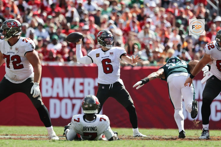 Sep 28, 2025; Tampa, Florida, USA; Tampa Bay Buccaneers quarterback Baker Mayfield (6) throws the ball during the second half against the Philadelphia Eagles at Raymond James Stadium. Credit: Kim Klement Neitzel-Imagn Images