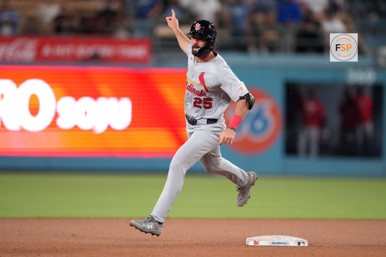 Sep 1, 2026; Los Angeles, California, USA;  St. Louis Cardinals outfielder Thomas Saggese (25) celebrates after hitting a home run during the fifth inning against the Los Angeles Dodgers at Dodger Stadium.  Credit: Kirby Lee-Imagn Images