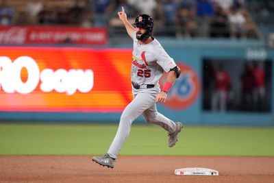 Sep 1, 2026; Los Angeles, California, USA;  St. Louis Cardinals outfielder Thomas Saggese (25) celebrates after hitting a home run during the fifth inning against the Los Angeles Dodgers at Dodger Stadium.  Mandatory Credit: Kirby Lee-Imagn Images