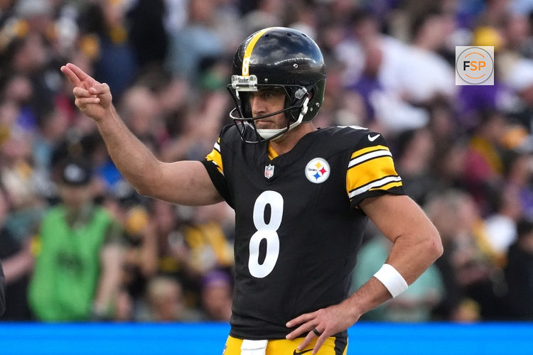 Sep 28, 2025; Dublin, Ireland; Pittsburgh Steelers quarterback Aaron Rodgers (8) gestures after a first down in the second half against the Minnesota Vikings during an NFL International Series game at Croke Park. Credit: Kirby Lee-Imagn Images