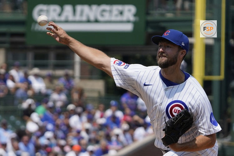 Aug 3, 2025; Chicago, Illinois, USA; Chicago Cubs pitcher Colin Rea (53) throws the ball against the Baltimore Orioles during the first inning at Wrigley Field. Credit: David Banks-Imagn Images
