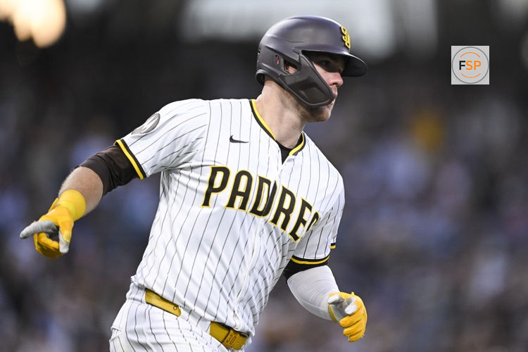 Aug 20, 2025; San Diego, California, USA; San Diego Padres left fielder Gavin Sheets (30) rounds the bases after hitting a solo home run during the second inning against the San Francisco Giants at Petco Park. Credit: Denis Poroy-Imagn Images