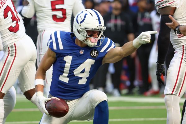 Oct 12, 2025; Indianapolis, Indiana, USA; Indianapolis Colts wide receiver Alec Pierce (14) celebrates after a play against the Arizona Cardinals during the fourth quarter of the game at Lucas Oil Stadium. Mandatory Credit: Trevor Ruszkowski-Imagn Images