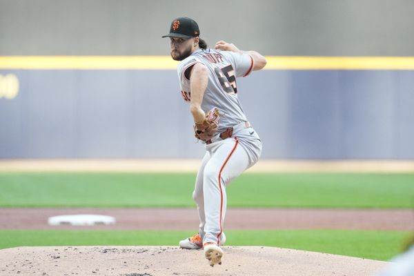 Jun 1, 2026; Milwaukee, Wisconsin, USA; San Francisco Giants pitcher Landen Roupp (65) delivers a pitch against the Milwaukee Brewers in the first inning at American Family Field. Mandatory Credit: Michael McLoone-Imagn Images