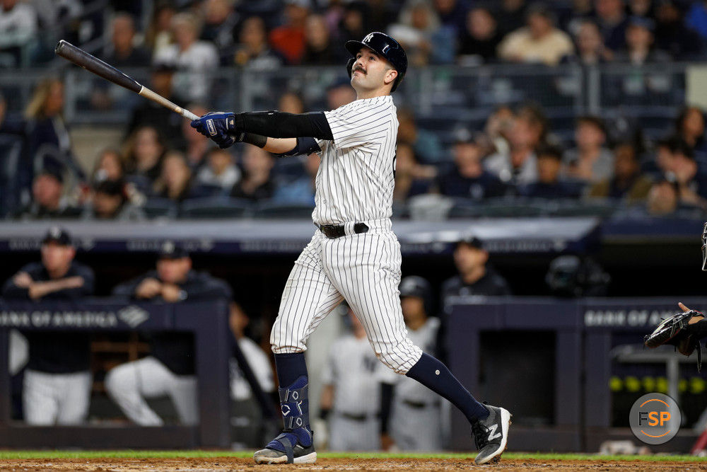 BRONX, NY - SEPTEMBER 22: New York Yankees catcher Austin Wells (88) hits a foul ball in the third inning during a regular season game between the Arizona Diamondbacks and New York Yankees on September 22, 2023 at Yankee Stadium in the Bronx, New York. (Photo by Brandon Sloter/Icon Sportswire)