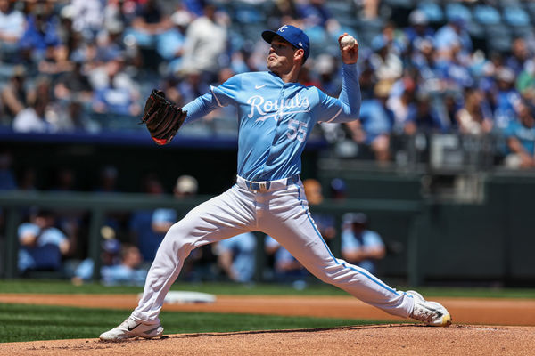 KANSAS CITY, MO - MAY 22: Kansas City Royals pitcher Cole Ragans (55) pitches in the first inning of an MLB game between the Detroit Tigers and Kansas City Royals on May 22, 2024 at Kauffman Stadium in Kansas City, MO. (Photo by Scott Winters/Icon Sportswire)