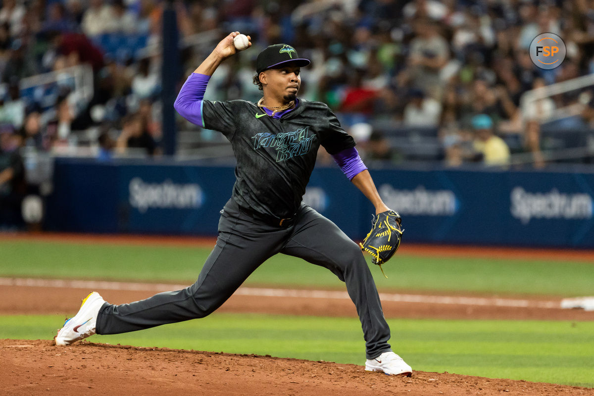 Jun 29, 2024; St. Petersburg, Florida, USA; Tampa Bay Rays pitcher Edwin Uceta (63) pitches the ball against the Washington Nationals during the eighth inning at Tropicana Field. Credit: Matt Pendleton-USA TODAY Sports