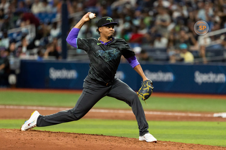 Jun 29, 2024; St. Petersburg, Florida, USA; Tampa Bay Rays pitcher Edwin Uceta (63) pitches the ball against the Washington Nationals during the eighth inning at Tropicana Field. Credit: Matt Pendleton-USA TODAY Sports