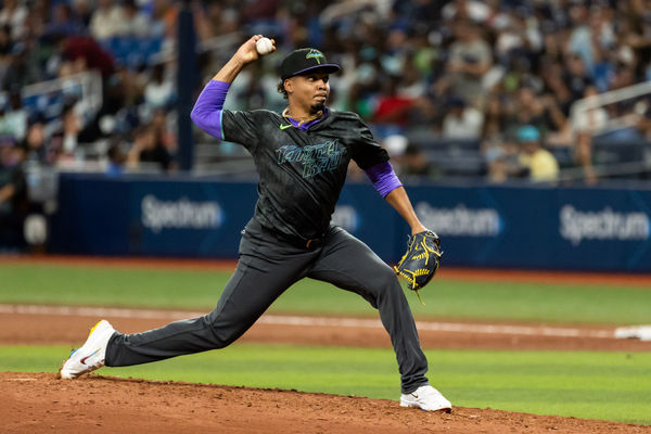 Jun 29, 2024; St. Petersburg, Florida, USA; Tampa Bay Rays pitcher Edwin Uceta (63) pitches the ball against the Washington Nationals during the eighth inning at Tropicana Field. Mandatory Credit: Matt Pendleton-USA TODAY Sports