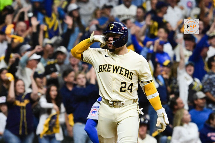 Oct 6, 2025; Milwaukee, Wisconsin, USA; Milwaukee Brewers catcher William Contreras (24) celebrates after hitting a solo home run during the third inning against the Chicago Cubs during game two of the NLDS round for the 2025 MLB playoffs at American Family Field. Credit: Benny Sieu-Imagn Images