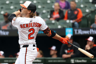 May 14, 2025; Baltimore, Maryland, USA; Baltimore Orioles shortstop Gunnar Henderson (2) hits a home run during the third inning against the Minnesota Twins at Oriole Park at Camden Yards. Mandatory Credit: Daniel Kucin Jr.-Imagn Images