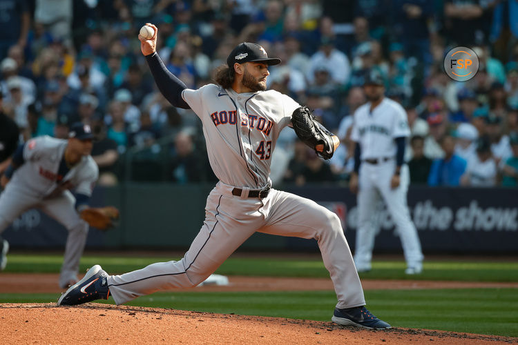 Oct 15, 2022; Seattle, Washington, USA; Houston Astros starting pitcher Lance McCullers Jr. (43) pitches in the third inning against the Seattle Mariners during game three of the ALDS for the 2022 MLB Playoffs at T-Mobile Park. Credit: Joe Nicholson-USA TODAY Sports