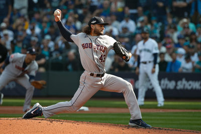 Oct 15, 2022; Seattle, Washington, USA; Houston Astros starting pitcher Lance McCullers Jr. (43) pitches in the third inning against the Seattle Mariners during game three of the ALDS for the 2022 MLB Playoffs at T-Mobile Park. Mandatory Credit: Joe Nicholson-USA TODAY Sports