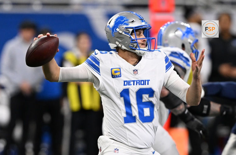 Dec 4, 2025; Detroit, Michigan, USA; Detroit Lions quarterback Jared Goff (16) throws during the second half against the Dallas Cowboys at Ford Field. Credit: Lon Horwedel-Imagn Images