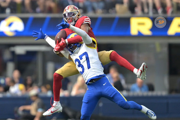 Sep 22, 2024; Inglewood, California, USA;  Los Angeles Rams safety Quentin Lake (37) breaks up a pass for San Francisco 49ers wide receiver Jauan Jennings (15) in the second half at SoFi Stadium. Credit: Jayne Kamin-Oncea-Imagn Images