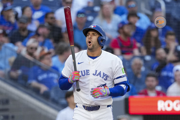May 15, 2025; Toronto, Ontario, CAN; Toronto Blue Jays outfielder George Springer (4) reacts while at bat during the eighth inning against the Tampa Bay Rays at Rogers Centre. Credit: Kevin Sousa-Imagn Images