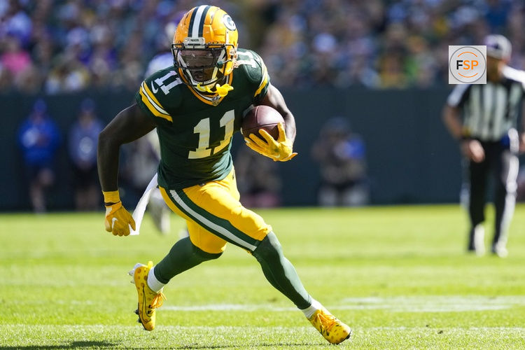 Sep 29, 2024; Green Bay, Wisconsin, USA;  Green Bay Packers wide receiver Jayden Reed (11) during the game against the Minnesota Vikings at Lambeau Field. Credit: Jeff Hanisch-Imagn Images