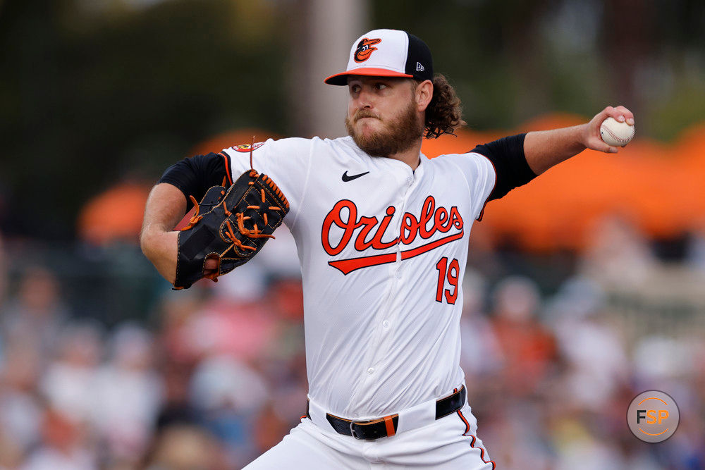 SARASOTA, FL - MARCH 13: Baltimore Orioles starting pitcher Cole Irvin (19) delivers a pitch during an MLB spring training game against the Atlanta Braves on March 13, 2024 at Ed Smith Stadium in Sarasota, Florida. (Photo by Joe Robbins/Icon Sportswire)