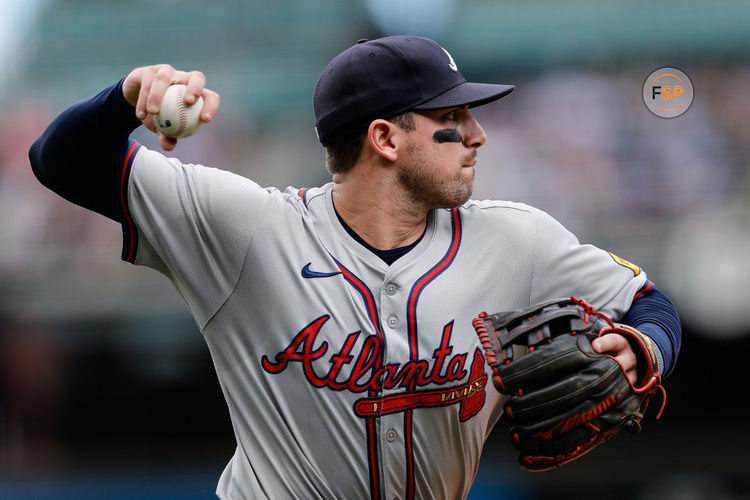 Aug 11, 2024; Denver, Colorado, USA; Atlanta Braves third baseman Austin Riley (27) throws to first for an out in the fifth inning against the Colorado Rockies at Coors Field. Credit: Isaiah J. Downing-USA TODAY Sports