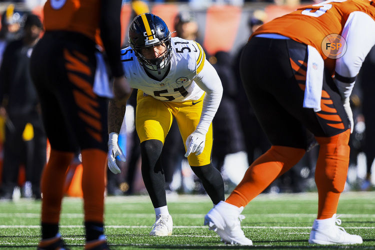 Dec 1, 2024; Cincinnati, Ohio, USA; Pittsburgh Steelers linebacker Nick Herbig (51) prepares for the snap against the Cincinnati Bengals in the first half at Paycor Stadium. Credit: Katie Stratman-Imagn Images