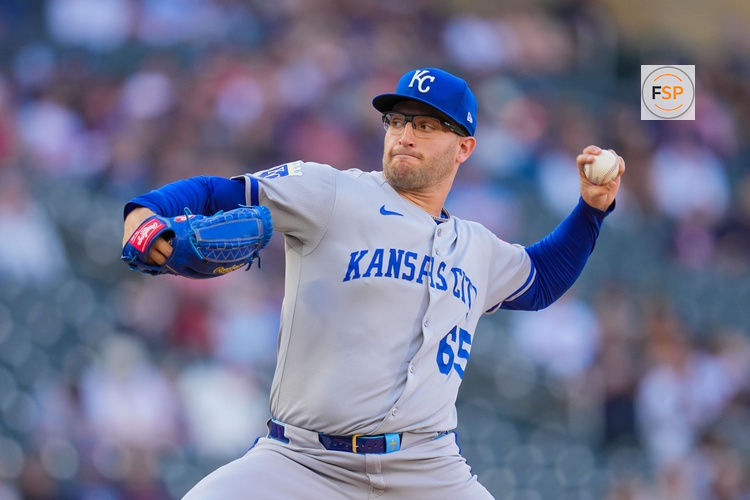 May 23, 2025; Minneapolis, Minnesota, USA; Kansas City Royals pitcher Noah Cameron (65) pitches against the Minnesota Twins in the first inning at Target Field. Credit: Brad Rempel-Imagn Images