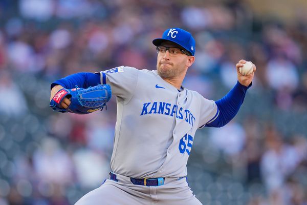 May 23, 2025; Minneapolis, Minnesota, USA; Kansas City Royals pitcher Noah Cameron (65) pitches against the Minnesota Twins in the first inning at Target Field. Mandatory Credit: Brad Rempel-Imagn Images