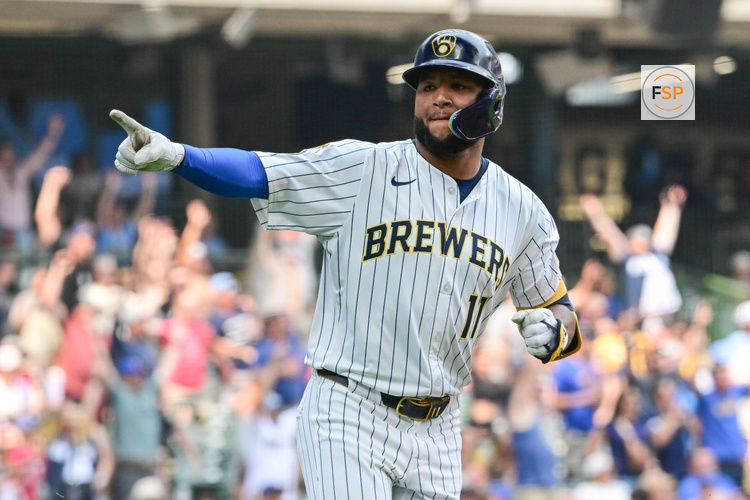Jul 13, 2025; Milwaukee, Wisconsin, USA; Milwaukee Brewers center fielder Jackson Chourio (11) reacts after hitting a 3-run home run in the eighth inning against the Washington Nationals at American Family Field. Credit: Benny Sieu-Imagn Images