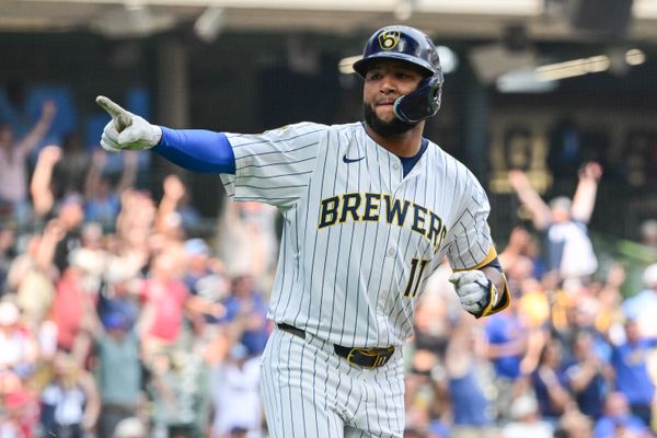 Jul 13, 2025; Milwaukee, Wisconsin, USA; Milwaukee Brewers center fielder Jackson Chourio (11) reacts after hitting a 3-run home run in the eighth inning against the Washington Nationals at American Family Field. Mandatory Credit: Benny Sieu-Imagn Images