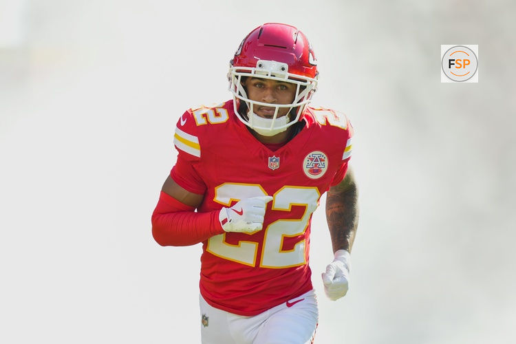 Sep 28, 2025; Kansas City, Missouri, USA; Kansas City Chiefs cornerback Trent McDuffie (22) takes the field prior to a game against the Baltimore Ravens at GEHA Field at Arrowhead Stadium. Credit: Jay Biggerstaff-Imagn Images