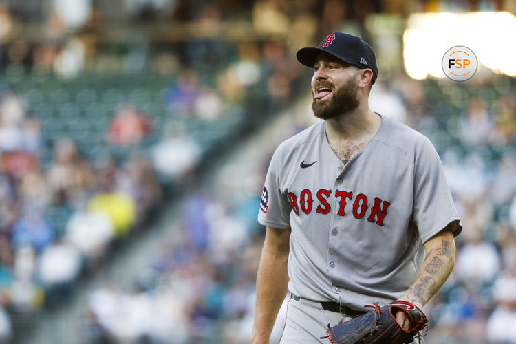Jun 16, 2025; Seattle, Washington, USA; Boston Red Sox starting pitcher Lucas Giolito (54) reacts following the final out of the fifth inning against the Seattle Mariners at T-Mobile Park. Credit: Joe Nicholson-Imagn Images