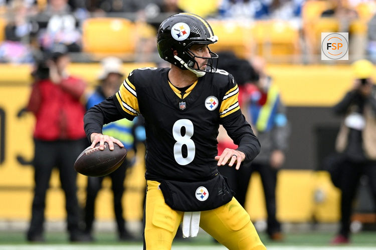 Oct 11, 2026; Pittsburgh, Pennsylvania, USA;  Pittsburgh Steelers quarterback Aaron Rodgers (8) looks to throw in the second quarter against the Indianapolis Colts at Acrisure Stadium.  Credit: Barry Reeger-Imagn Images