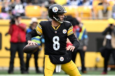 Oct 11, 2026; Pittsburgh, Pennsylvania, USA;  Pittsburgh Steelers quarterback Aaron Rodgers (8) looks to throw in the second quarter against the Indianapolis Colts at Acrisure Stadium.  Mandatory Credit: Barry Reeger-Imagn Images