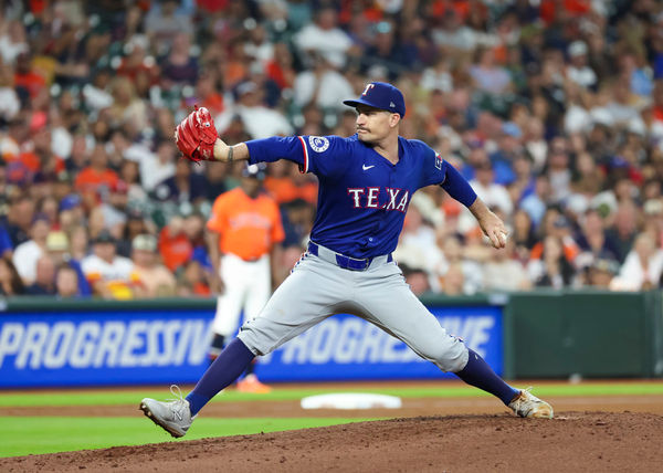 HOUSTON, TX - JULY 12:  Texas Rangers starting pitcher Andrew Heaney (44) throws a pitch in the bottom of the third inning during the M:B game between the Texas Rangers and Houston Astros on July 12, 2024 at Minute Maid Park in Houston, Texas.  (Photo by Leslie Plaza Johnson/Icon Sportswire)