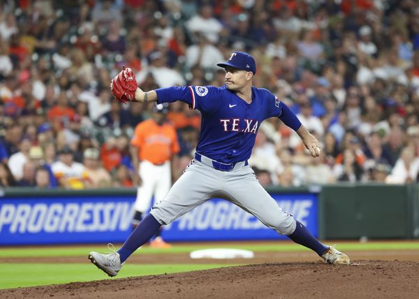 HOUSTON, TX - JULY 12:  Texas Rangers starting pitcher Andrew Heaney (44) throws a pitch in the bottom of the third inning during the M:B game between the Texas Rangers and Houston Astros on July 12, 2024 at Minute Maid Park in Houston, Texas.  (Photo by Leslie Plaza Johnson/Icon Sportswire)