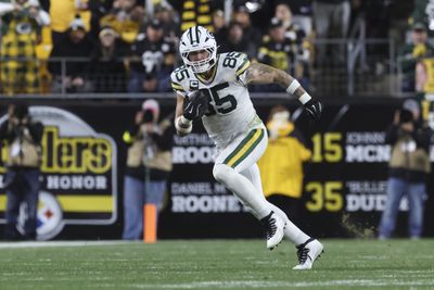 Oct 26, 2025; Pittsburgh, Pennsylvania, USA; Green Bay Packers tight end Tucker Kraft (85) runs the ball against the Pittsburgh Steelers during the third quarter at Acrisure Stadium. Mandatory Credit: Charles LeClaire-Imagn Images