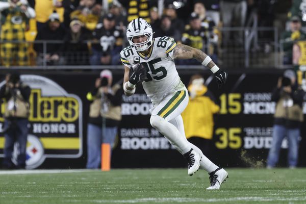 Oct 26, 2025; Pittsburgh, Pennsylvania, USA; Green Bay Packers tight end Tucker Kraft (85) runs the ball against the Pittsburgh Steelers during the third quarter at Acrisure Stadium. Mandatory Credit: Charles LeClaire-Imagn Images